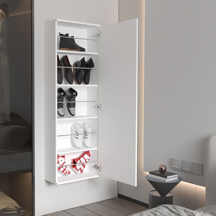 Buy farmhouse furniture Modern Connecticut Shoe Storage Rack with Mirror - Elegant Wall Mount Design for Five Shelves - Modern Cottage Farmhouse Furniture