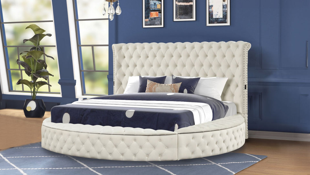 Buy farmhouse furniture Hazel Modern Circular Style King Bed Made with Wood in Cream - Modern Cottage Farmhouse Furniture