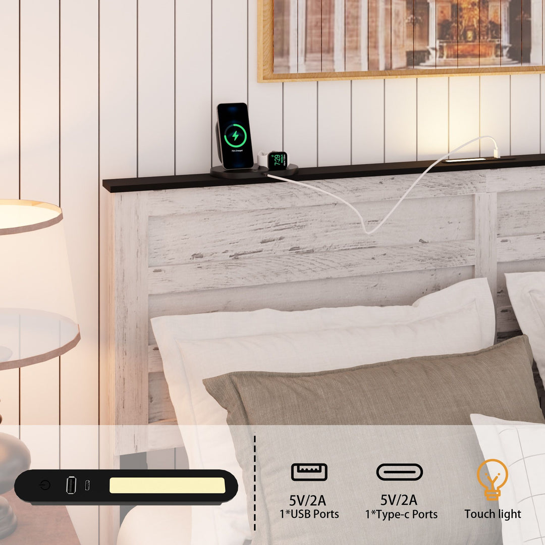 Buy farmhouse furniture Queen Bed Frame with Upholstered Headboard and Wood Platform,Storage Headboard with Charging Station and LED, Bed Frame with Pet Bed,No Noise, No Box Spring Needed,Easy Assembly,Antique White - Modern Cottage Farmhouse Furniture
