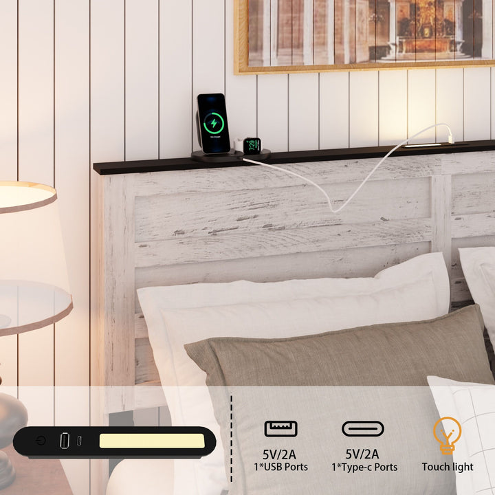 Buy farmhouse furniture Queen Bed Frame with Upholstered Headboard and Wood Platform,Storage Headboard with Charging Station and LED, Bed Frame with Pet Bed,No Noise, No Box Spring Needed,Easy Assembly,Antique White - Modern Cottage Farmhouse Furniture