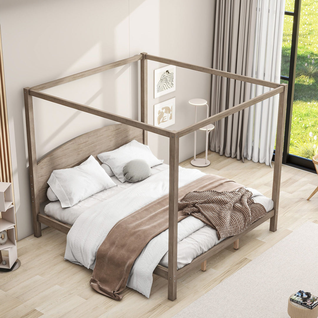 Buy farmhouse furniture King Size Canopy Platform Bed with Headboard and Support Legs, Brown Wash - Modern Cottage Farmhouse Furniture