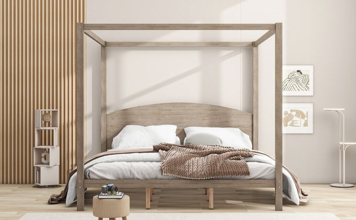 Buy farmhouse furniture King Size Canopy Platform Bed with Headboard and Support Legs, Brown Wash - Modern Cottage Farmhouse Furniture