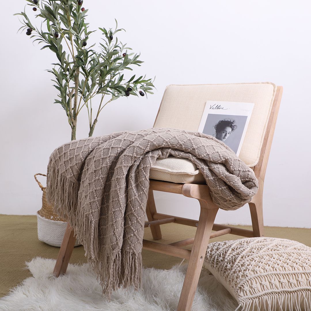 Buy farmhouse furniture Modern Farmhouse Coffee Diamond Pattern Knitted Throw Blanket with Tassels - Modern Cottage Farmhouse Furniture