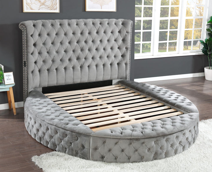Buy farmhouse furniture Hazel Queen Size Tufted Storage Bed made with Wood in Gray - Modern Cottage Farmhouse Furniture