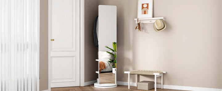 Buy farmhouse furniture Multifunctional Full Length Mirror with Coat Storage Rack - 360° Rotating Design for Bedroom and Closet in Beautiful White Finish - Modern Cottage Farmhouse Furniture
