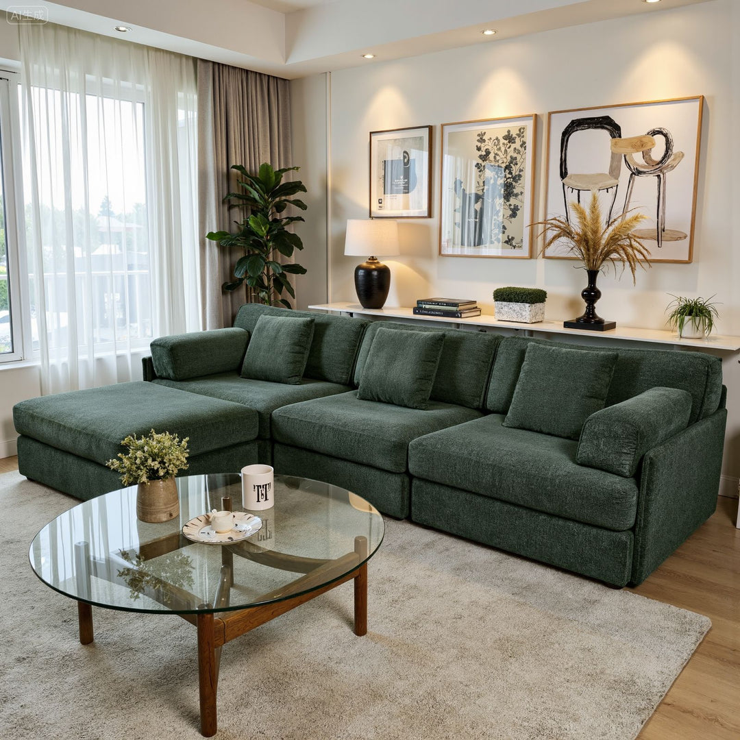 Buy farmhouse furniture Olea Farm | Oversized Green L-Shape 4 Seater Modular Farmhouse Sofa Couch - Modern Cottage Farmhouse Furniture