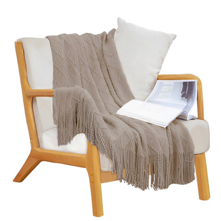 Buy farmhouse furniture Modern Farmhouse Coffee Diamond Pattern Knitted Throw Blanket with Tassels - Modern Cottage Farmhouse Furniture