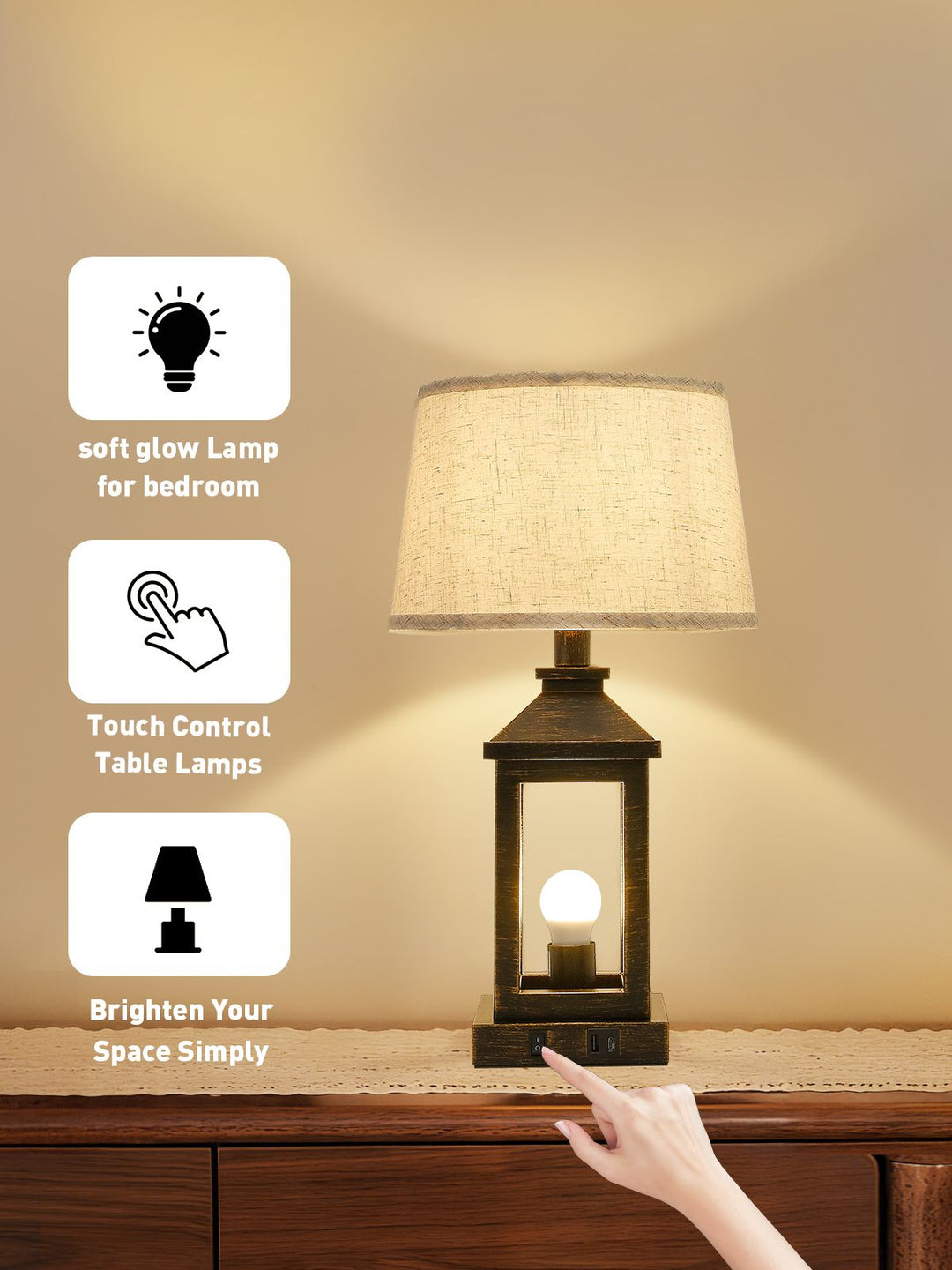 Buy farmhouse furniture 20.5in Black Gold Farmhouse Bedside Table Lamp, Suitable For Living Rooms, 3-Way Dimmable Touch Modern Bedside Table With 2 Lights For Bedrooms, Homes, Offices (Including Light Bulbs) - Modern Cottage Farmhouse Furniture