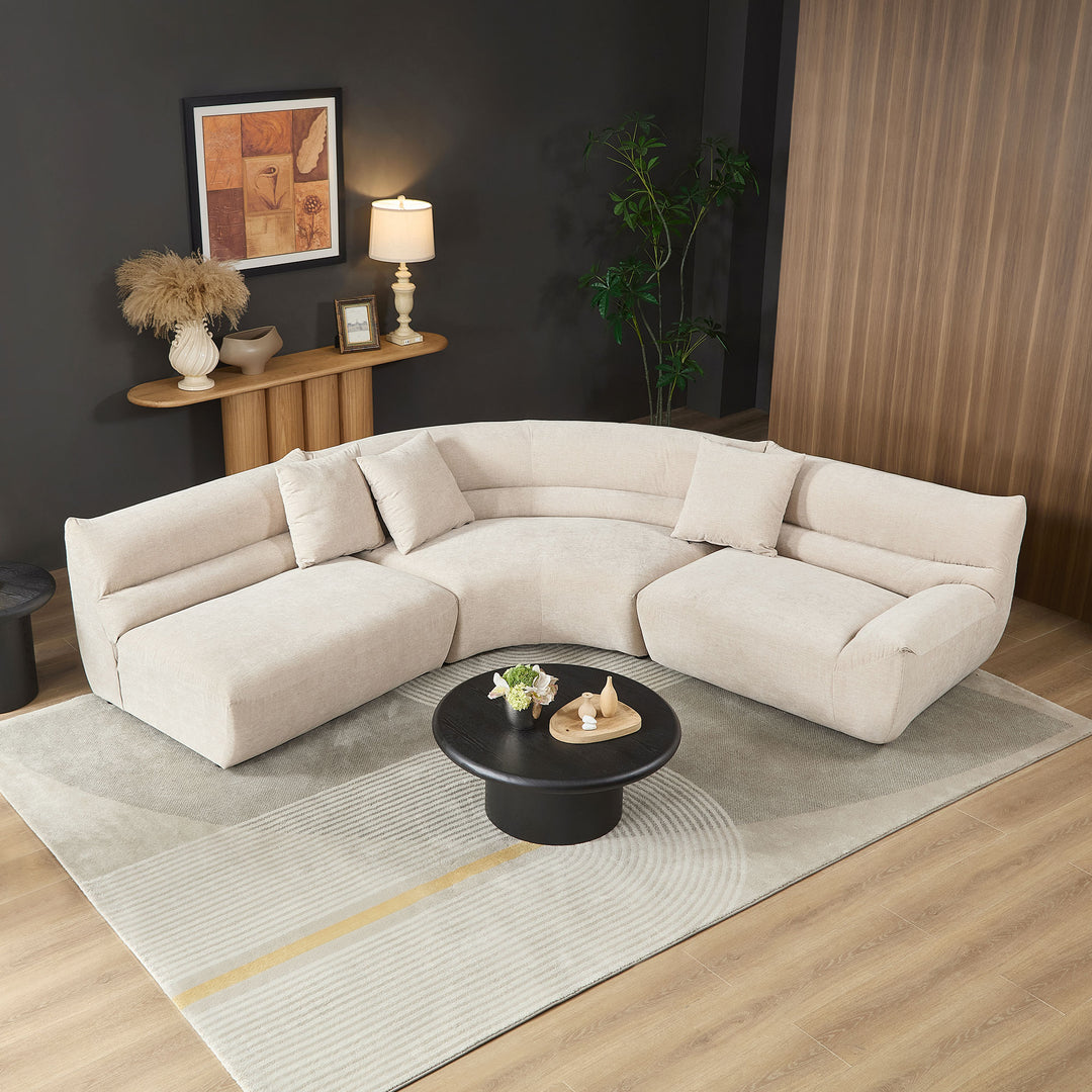 Buy farmhouse furniture Off White Modular Curved Sectional Sofa, 3-Piece Free-Form Configuration with 3 Throw Pillows - Modern Cottage Farmhouse Furniture