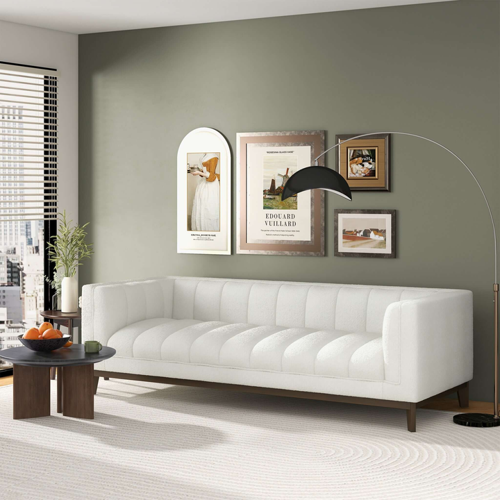 Buy farmhouse furniture Melissa Mid-Century White Boucle Modern Sofa - Modern Cottage Farmhouse Furniture