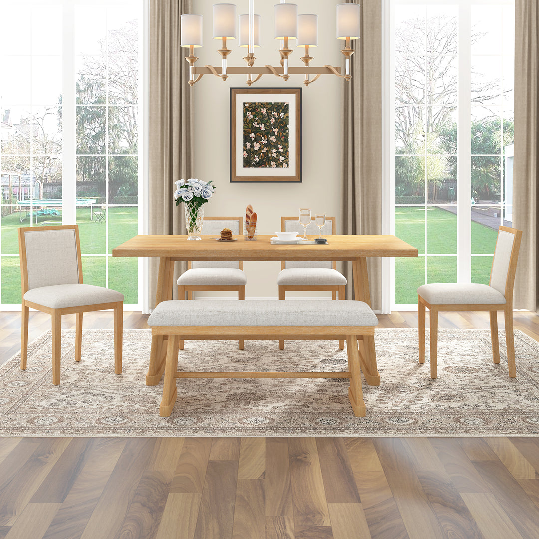 Buy farmhouse furniture Amy Farmhouse Dining Set for 6 | Wire-Brushed Wood Table, 4 Linen Chairs &amp; Bench - Modern Cottage Farmhouse Furniture