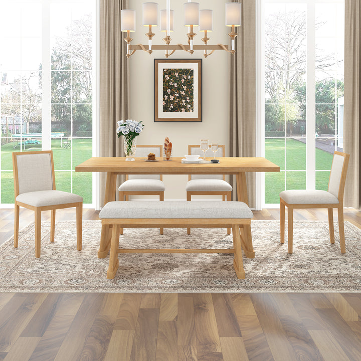 Buy farmhouse furniture Amy Farmhouse Dining Set for 6 | Wire-Brushed Wood Table, 4 Linen Chairs &amp; Bench - Modern Cottage Farmhouse Furniture