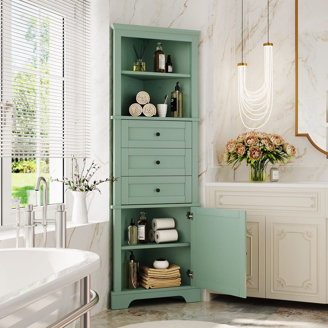 Buy farmhouse furniture Sage Green FarmhouseTall Cabinet With 3 Drawers And Adjustable Shelves For Bathroom, Kitchen Or Living Room - Modern Cottage Farmhouse Furniture