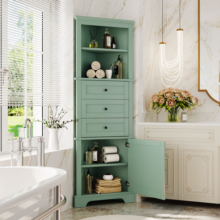 Buy farmhouse furniture Sage Green FarmhouseTall Cabinet With 3 Drawers And Adjustable Shelves For Bathroom, Kitchen Or Living Room - Modern Cottage Farmhouse Furniture