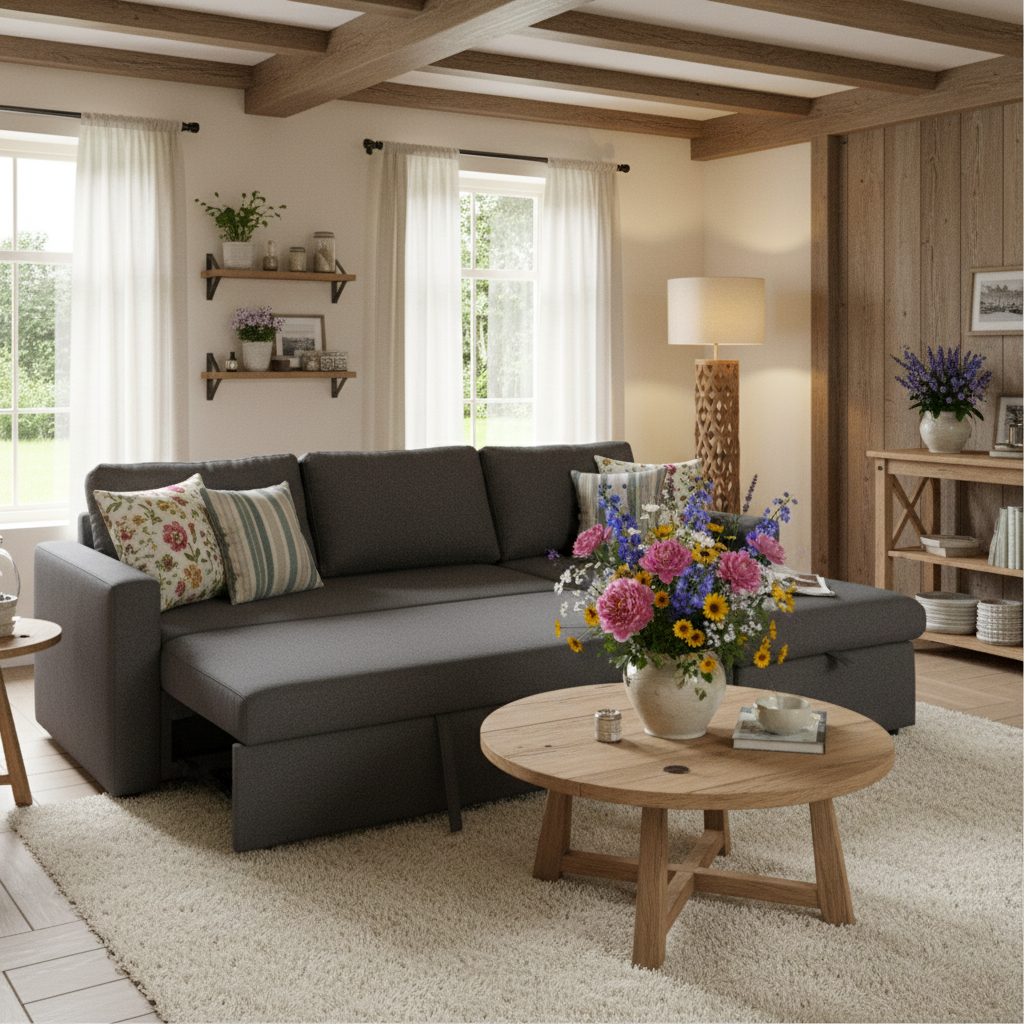 Le Céleste | Upholstery  Sleeper Sectional Sofa Grey with Storage Space, 2 Tossing Cushions Cottage Farm house - the farmhouse