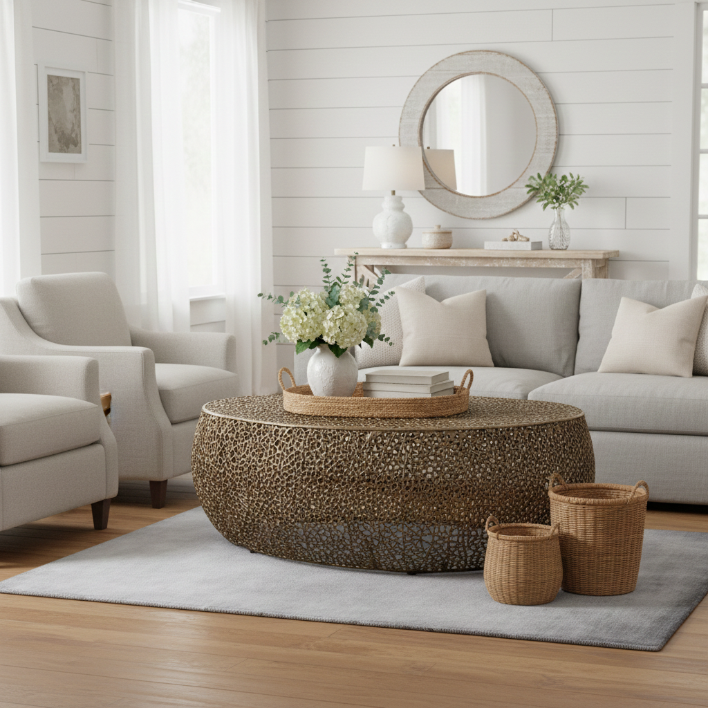 Buy farmhouse furniture Amber Leaf Acres | Oval Bronze Gold Modern Coffee Table - Modern Cottage Farmhouse Furniture