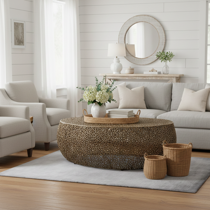 Buy farmhouse furniture Amber Leaf Acres | Oval Bronze Gold Modern Coffee Table - Modern Cottage Farmhouse Furniture