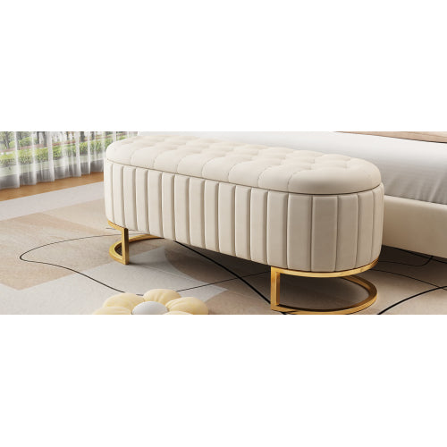 The Marbella Mediterranean Farmhouse Button-Tufted Velvet Storage Ottoman Bench – Beige Upholstered Bench Seat with Metal Legs - Mediterranean Italian Contemporary Home Decor Furniture