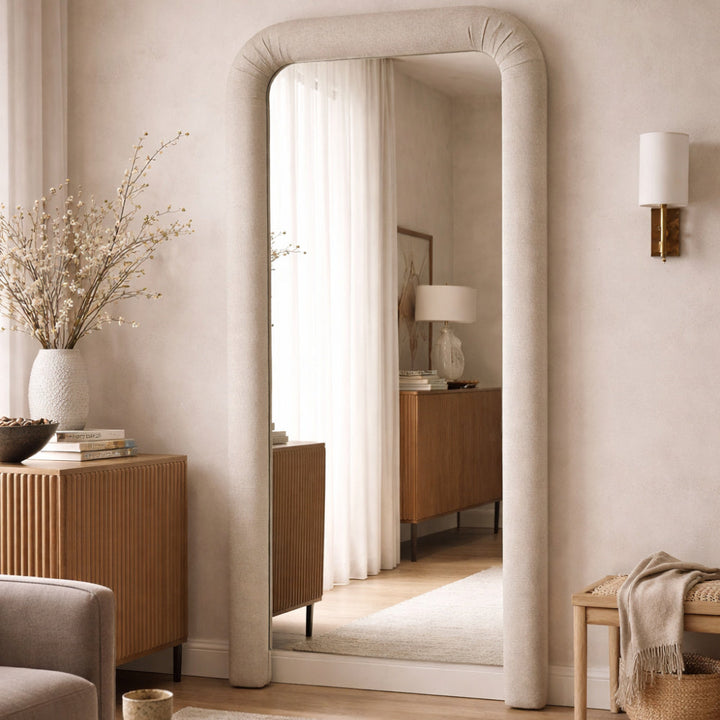 Buy farmhouse furniture Le Riu • Beige Large Modern Cottage Farmhouse Style Upholstered Floor Mirror - Modern Cottage Farmhouse Furniture