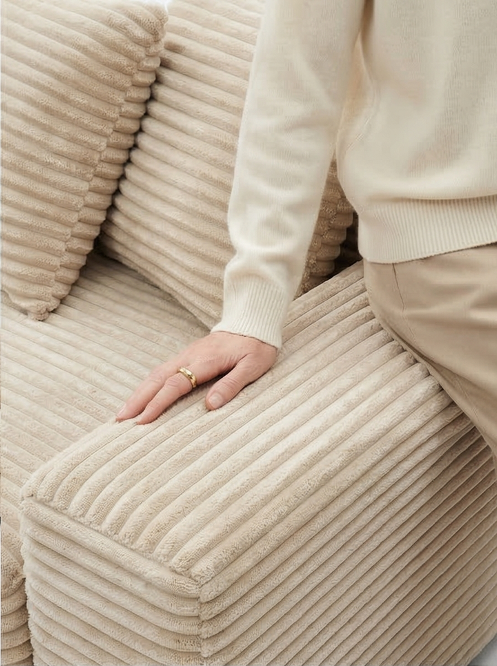 Le Eupopia • Oversized Beige European Farmhouse Style Two-Piece L Shaped Sofa Couch - Mediterranean Italian Contemporary Home Decor Furniture