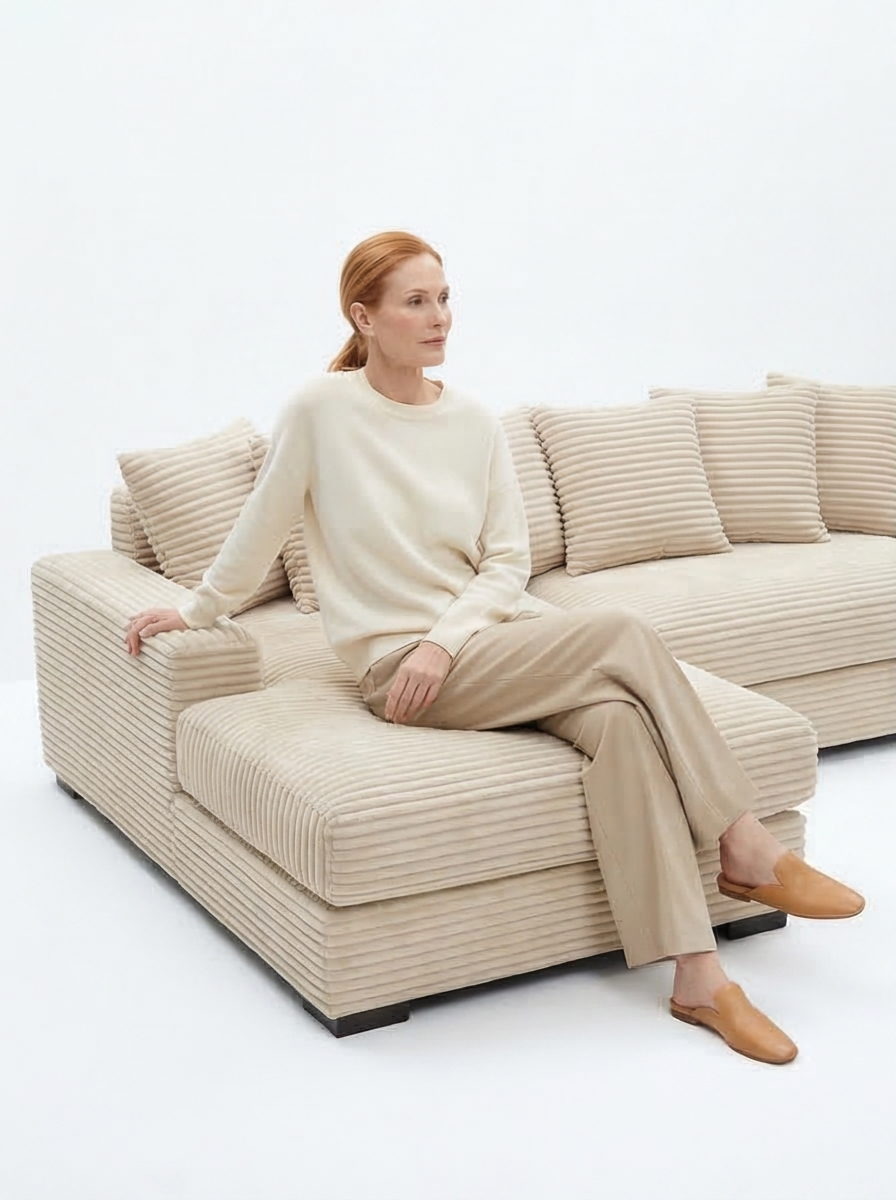 Le Eupopia • Oversized Beige European Farmhouse Style Two-Piece L Shaped Sofa Couch - Mediterranean Italian Contemporary Home Decor Furniture