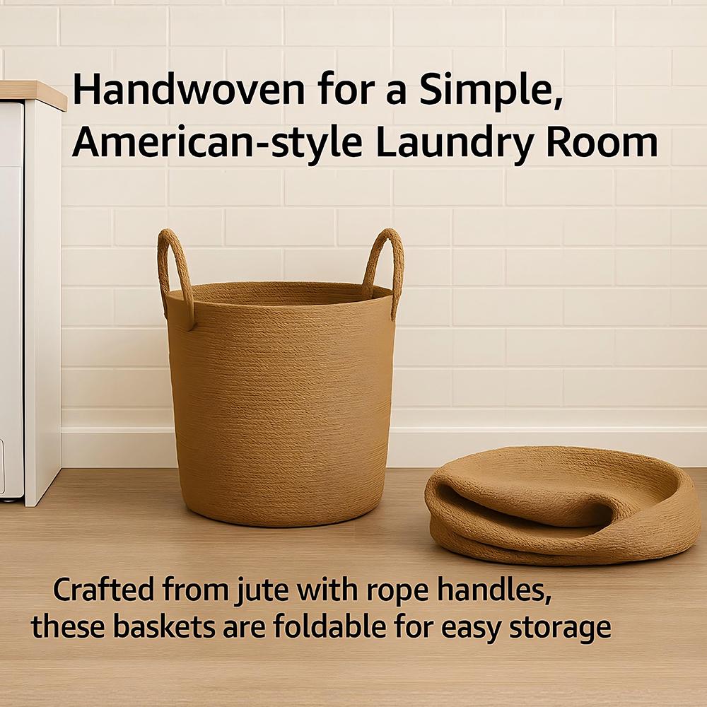 Mediterranean Farmhouse Woven Natural Jute Laundry Basket with Handle - Custom Made - Mediterranean Italian Contemporary Home Decor Furniture