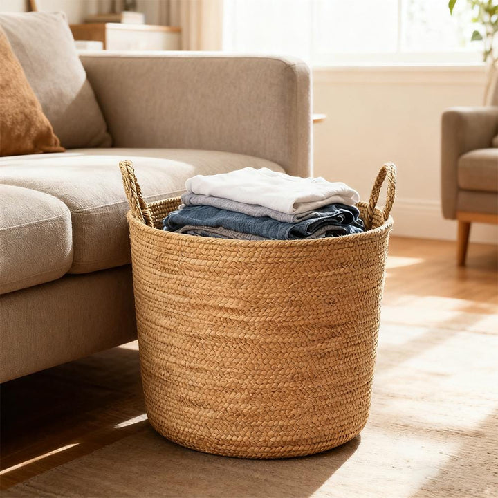 Mediterranean Farmhouse Woven Natural Jute Laundry Basket with Handle - Custom Made - Mediterranean Italian Contemporary Home Decor Furniture