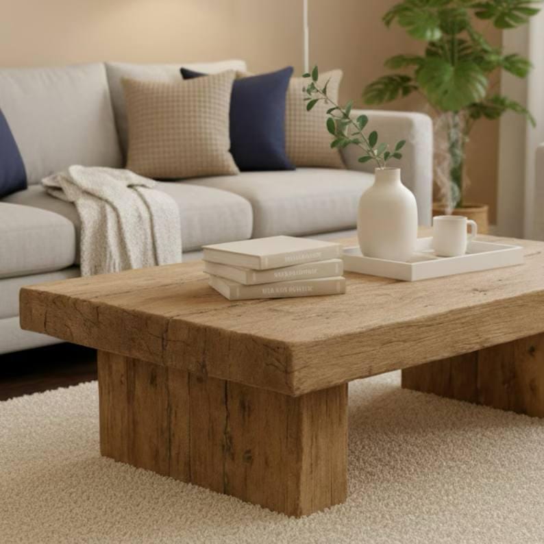 Rustic Simple Mediterranean Wood Coffee Table – Handmade Reclaimed Solid Wood Living Room Centerpiece - Mediterranean Tuscan Contemporary Home Decor Furniture