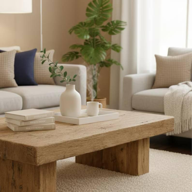 Rustic Simple Mediterranean Wood Coffee Table – Handmade Reclaimed Solid Wood Living Room Centerpiece - Mediterranean Tuscan Contemporary Home Decor Furniture