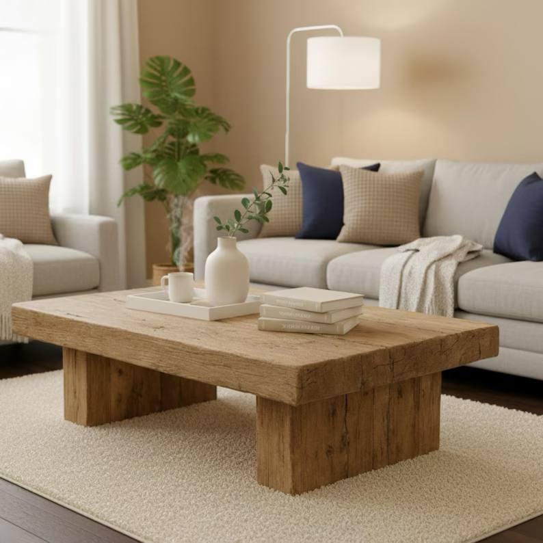 Rustic Simple Mediterranean Wood Coffee Table – Handmade Reclaimed Solid Wood Living Room Centerpiece - Mediterranean Tuscan Contemporary Home Decor Furniture