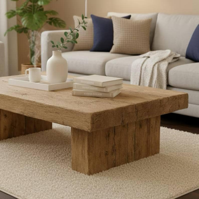 Rustic Simple Mediterranean Wood Coffee Table – Handmade Reclaimed Solid Wood Living Room Centerpiece - Mediterranean Tuscan Contemporary Home Decor Furniture