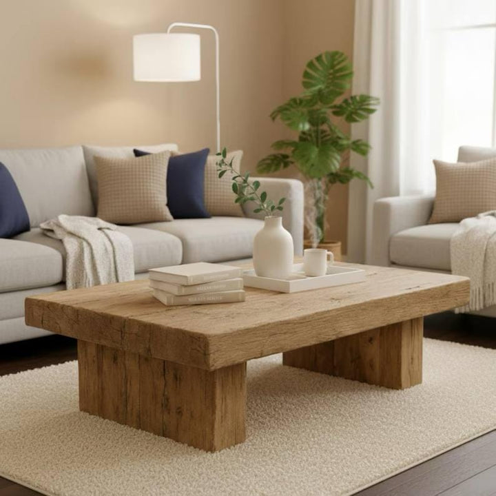 Rustic Simple Mediterranean Wood Coffee Table – Handmade Reclaimed Solid Wood Living Room Centerpiece - Mediterranean Tuscan Contemporary Home Decor Furniture