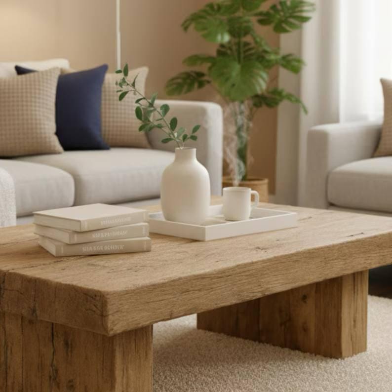 Rustic Simple Mediterranean Wood Coffee Table – Handmade Reclaimed Solid Wood Living Room Centerpiece - Mediterranean Tuscan Contemporary Home Decor Furniture