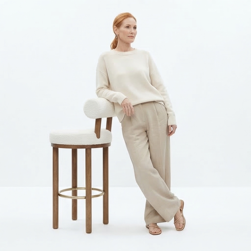 Tuscan Sheepskin Mediterranean Luxury Minimalist Off White Bar Stools - Mediterranean Italian Contemporary Home Decor Furniture