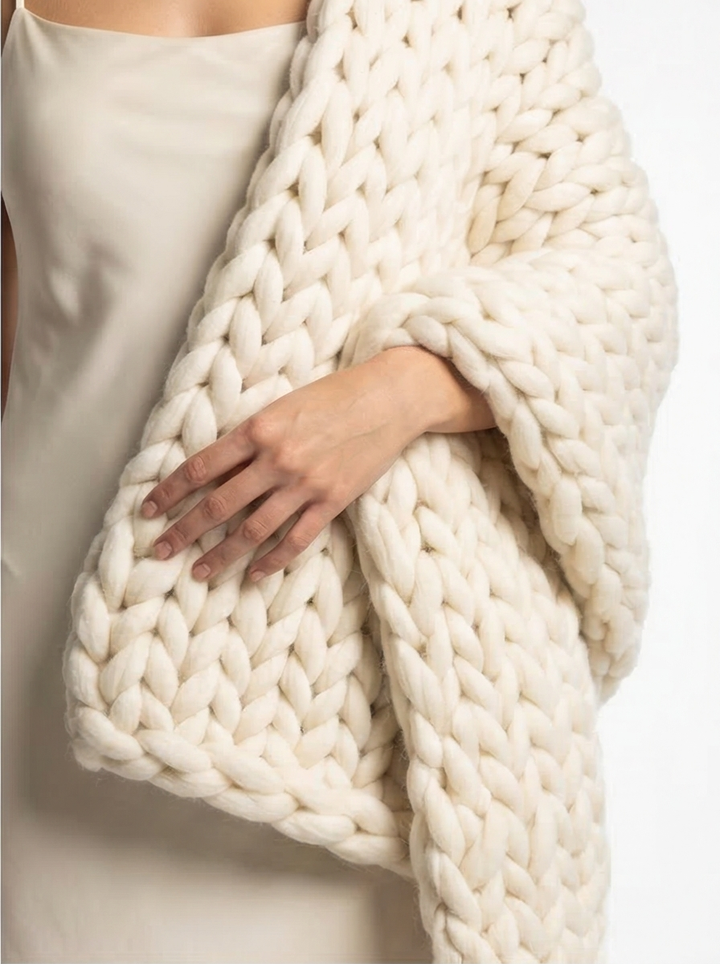 Buy farmhouse furniture Handmade Off White Mediterranean Farmhouse Knitted Throw Blanket - Modern Cottage Farmhouse Furniture