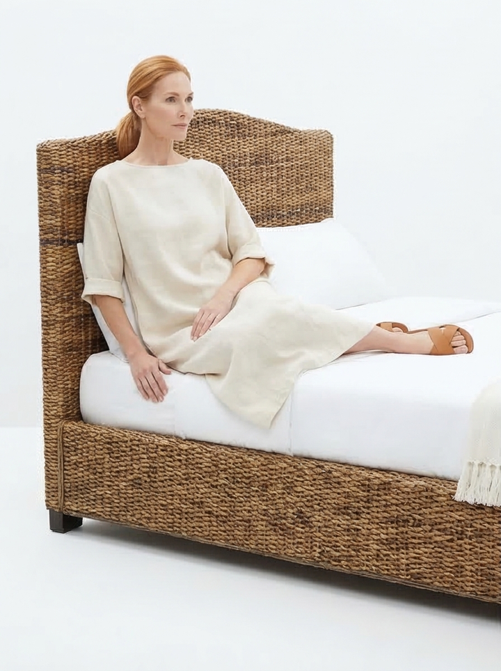 Buy farmhouse furniture Kalafati | Banana leaf Mediterranean Farmhouse Woven Textured Queen Bed - Modern Cottage Farmhouse Furniture