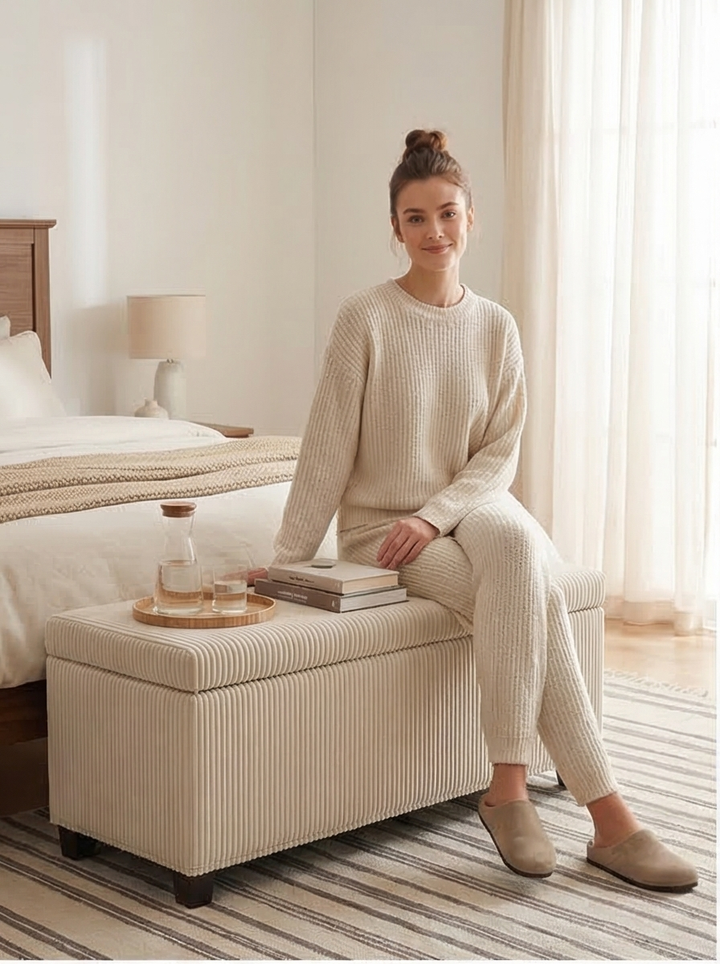 Beige Mediterranean Modern Large Bed Ottoman With Storage - Mediterranean Italian Contemporary Home Decor Furniture