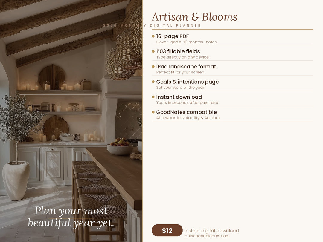 Buy farmhouse furniture Artisan &amp; Blooms Monthly Printable &amp; Digital iPhone iPad Planner 2026 - Modern Cottage Farmhouse Furniture