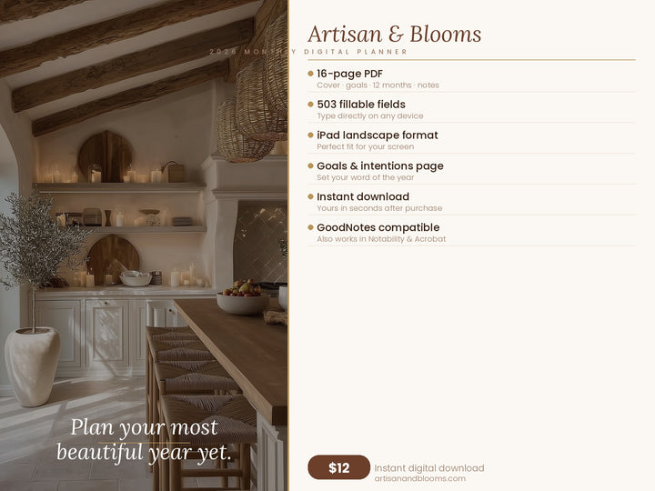 Buy farmhouse furniture Artisan &amp; Blooms Monthly Printable &amp; Digital iPhone iPad Planner 2026 - Modern Cottage Farmhouse Furniture