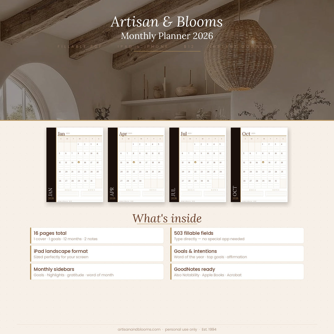 Buy farmhouse furniture Artisan &amp; Blooms Monthly Printable &amp; Digital iPhone iPad Planner 2026 - Modern Cottage Farmhouse Furniture