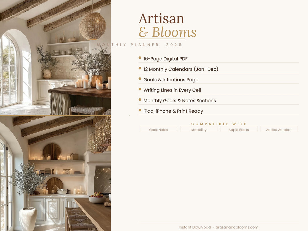 Buy farmhouse furniture Artisan &amp; Blooms Monthly Printable &amp; Digital iPhone iPad Planner 2026 - Modern Cottage Farmhouse Furniture