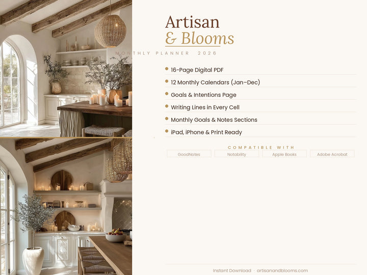 Buy farmhouse furniture Artisan &amp; Blooms Monthly Printable &amp; Digital iPhone iPad Planner 2026 - Modern Cottage Farmhouse Furniture