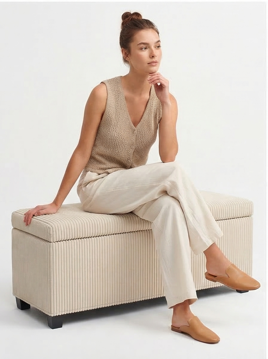 Beige Mediterranean Modern Large Bed Ottoman With Storage - Mediterranean Italian Contemporary Home Decor Furniture