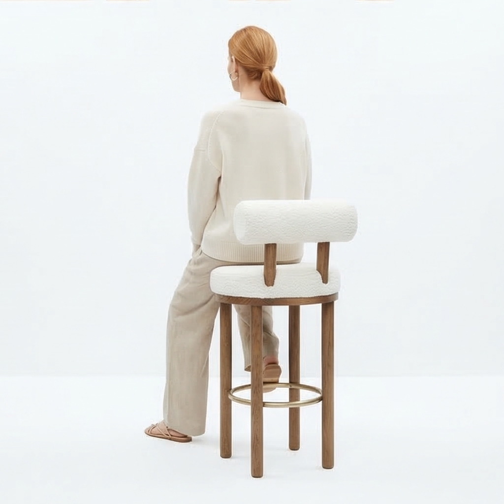 Tuscan Sheepskin Mediterranean Luxury Minimalist Off White Bar Stools - Mediterranean Italian Contemporary Home Decor Furniture