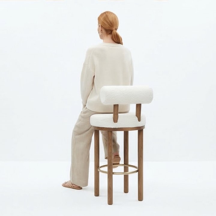 Tuscan Sheepskin Mediterranean Luxury Minimalist Off White Bar Stools - Mediterranean Italian Contemporary Home Decor Furniture