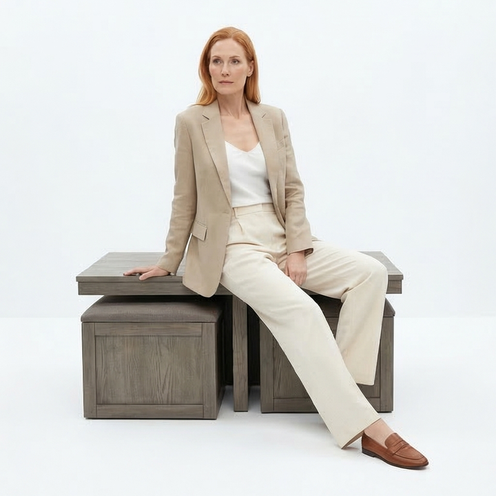 Moseberg Gray Mediterranean Farmhouse Oak Coffee Table with Storage Stools - Mediterranean Italian Contemporary Home Decor Furniture