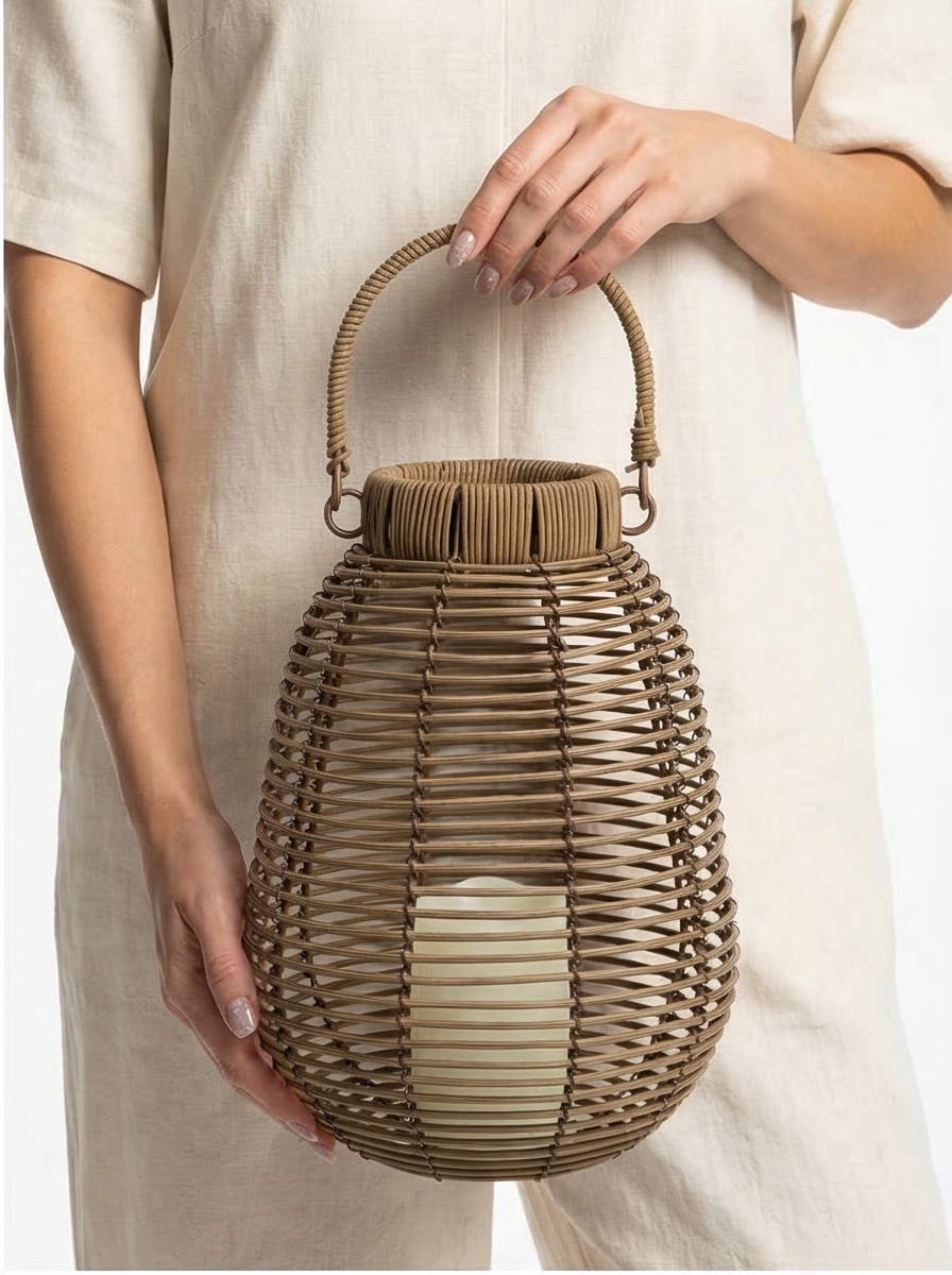 Buy farmhouse furniture Rattan Mediterranean Italian White Lantern with White LED Candle - Modern Cottage Farmhouse Furniture