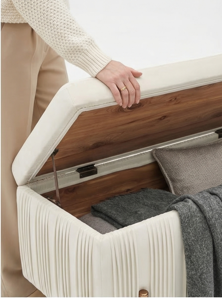 Elegant Boho Upholstered Velvet Storage Bench Ottoman with Cedar Wood Veneer - Mediterranean Italian Contemporary Home Decor Furniture