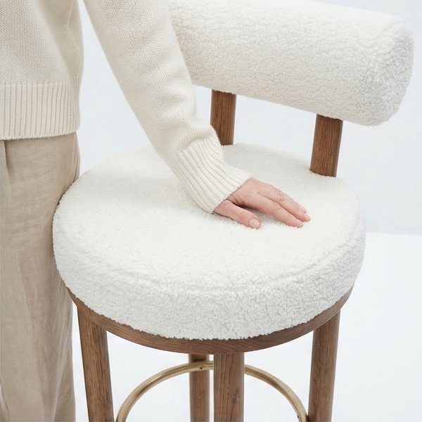 Tuscan Sheepskin Mediterranean Luxury Minimalist Off White Bar Stools - Mediterranean Italian Contemporary Home Decor Furniture