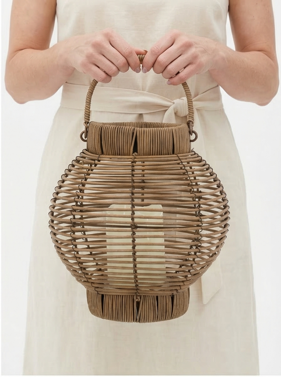 Mediterranean Lighting Rattan Lantern with White LED Candle - Mediterranean Italian Contemporary Home Decor Furniture